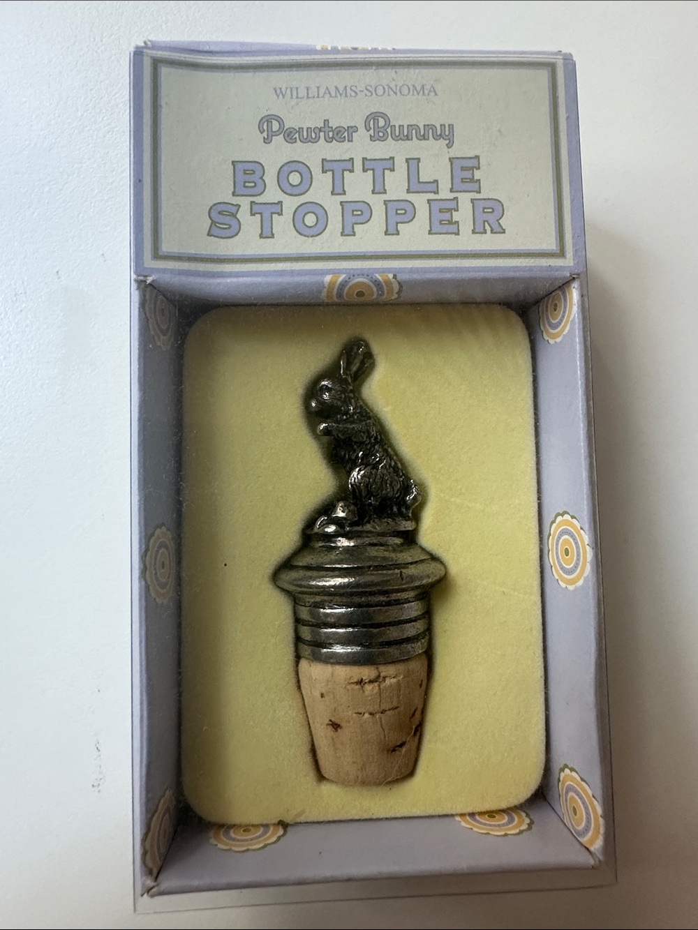 Vintage new Williams-Sonoma Silver Pewter Bunny Bottle Stopper with Natural Cork